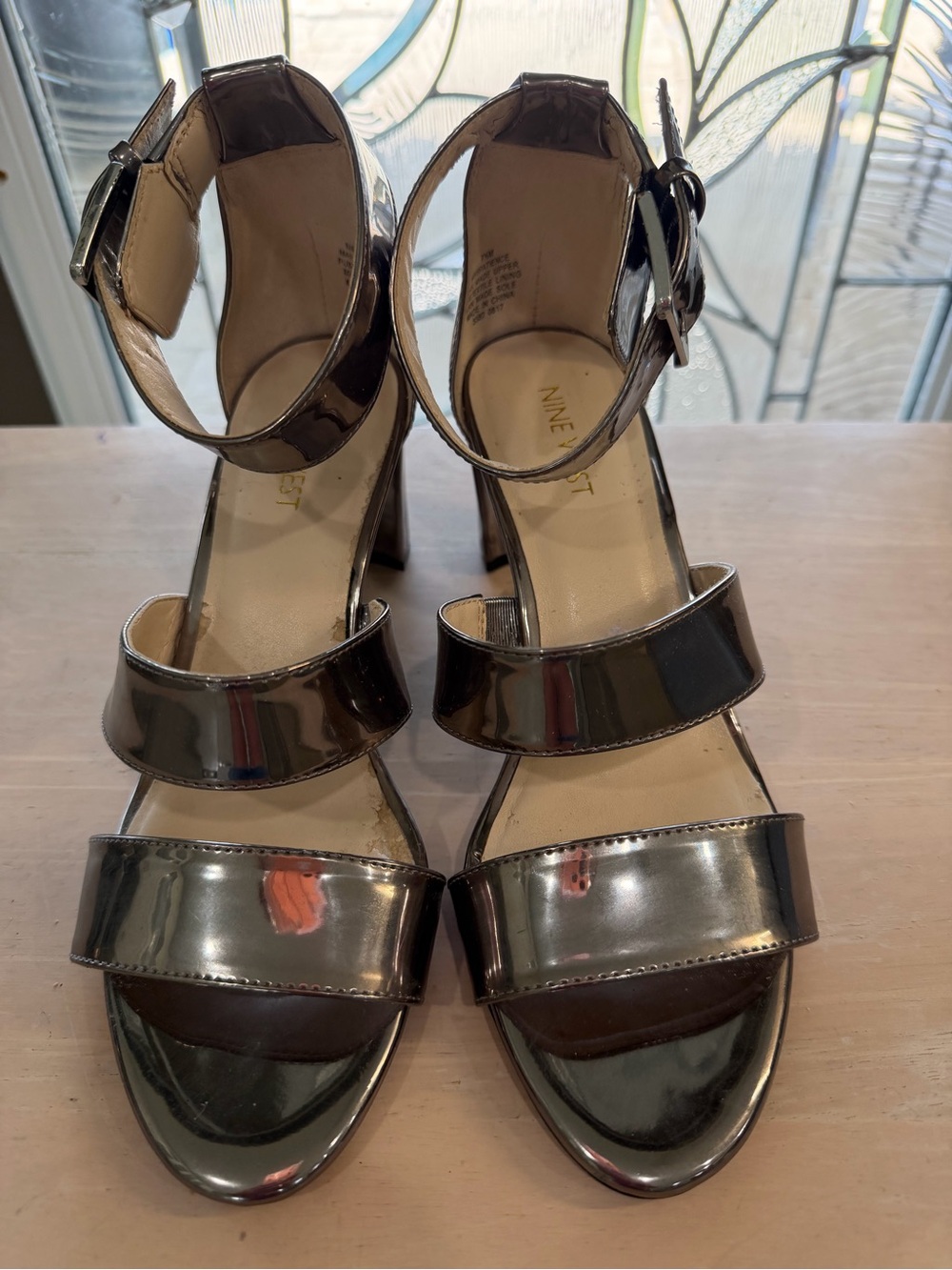 Nine West Metallic Gunmetal Strappy Block Heel Sandals